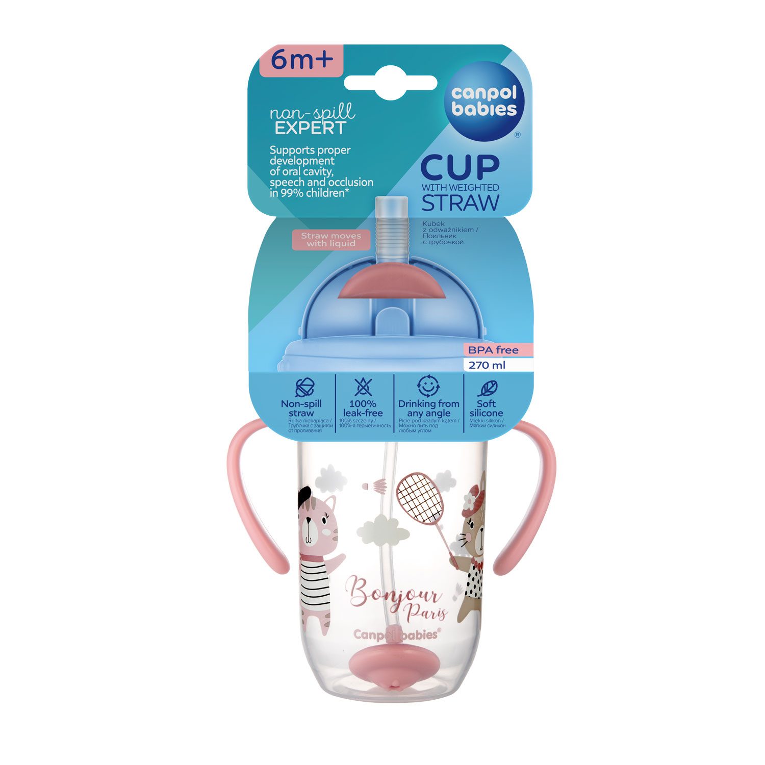 CANPOL BABIES Hrnček netečúci so slamkou so závažím 270 ml 6m+ Bonjour Paris červený – Obrázok 6