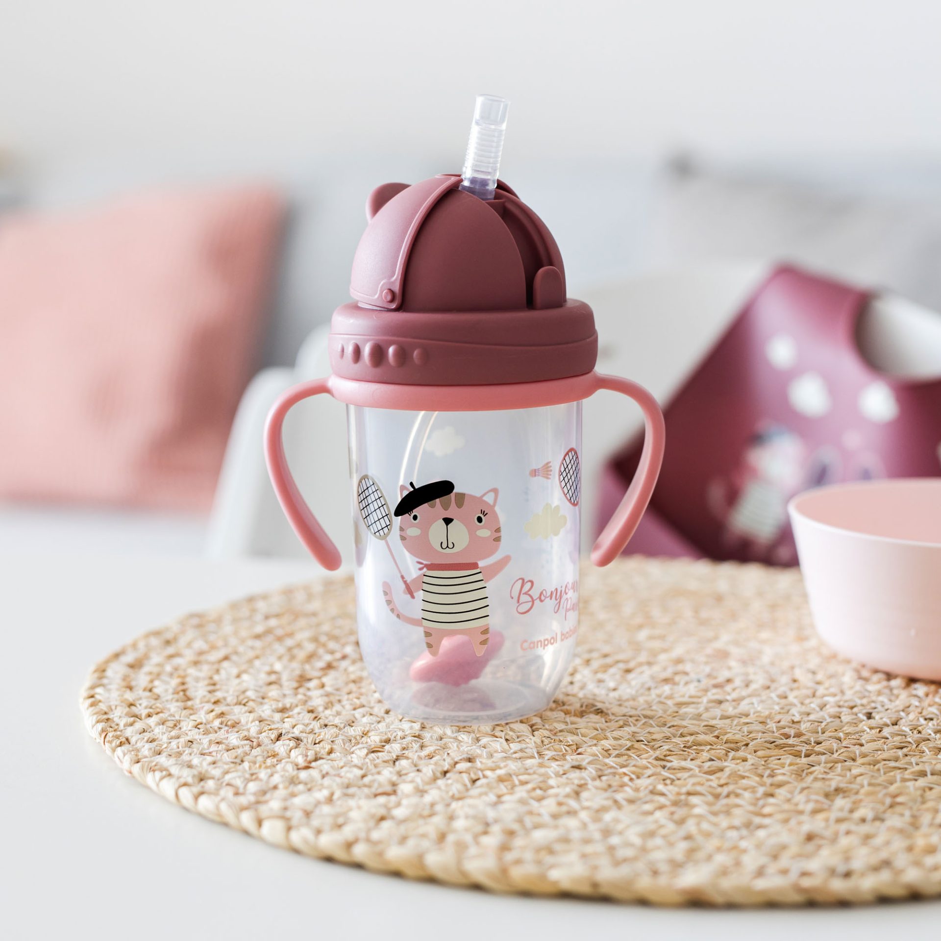 CANPOL BABIES Hrnček netečúci so slamkou so závažím 270 ml 6m+ Bonjour Paris červený – Obrázok 7