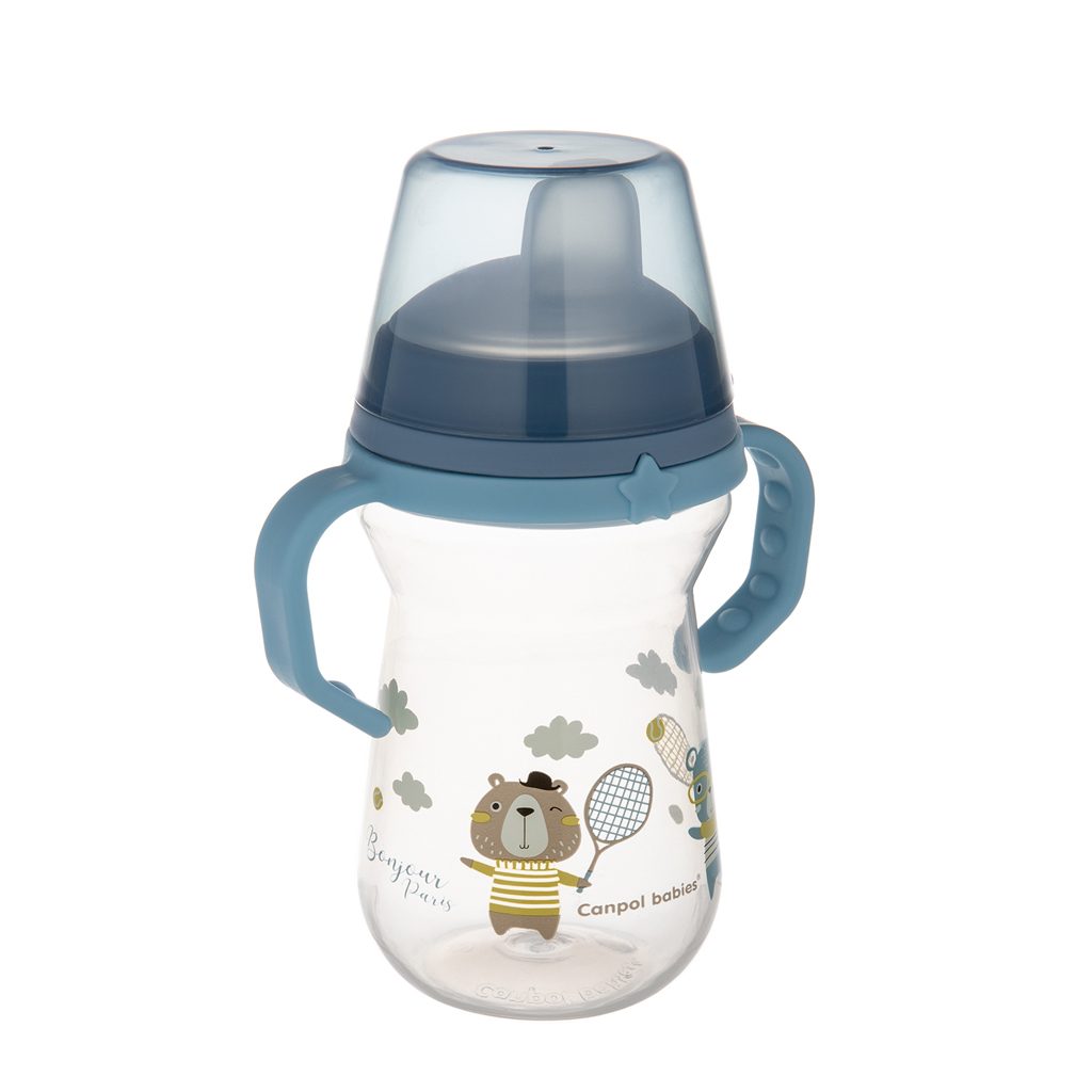 CANPOL BABIES Hrnček so silikónovým náustkom FirstCup Bonjour Paris 250ml modrý 6m+ – Obrázok 4