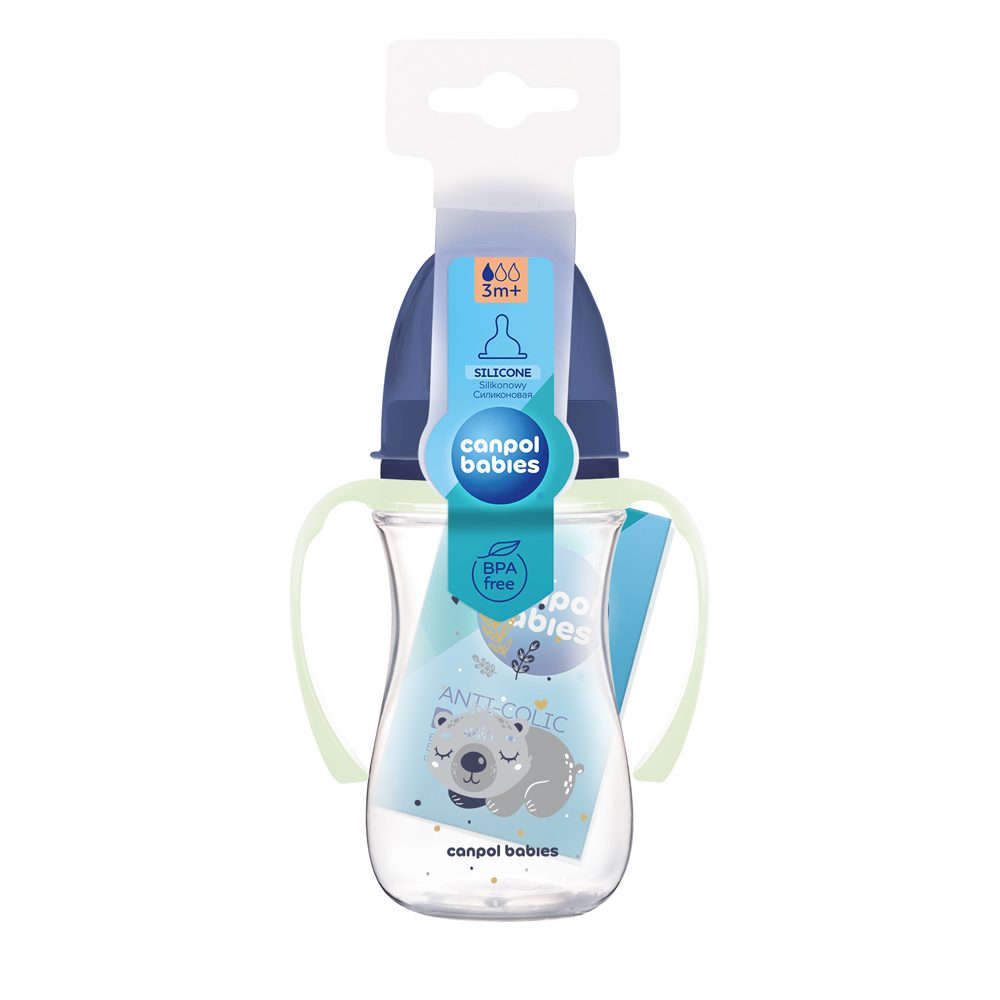 CANPOL BABIES Fľaša antikoliková so svietiacimi úchytmi EasyStart Sleepy koala 240ml modrá – Obrázok 4