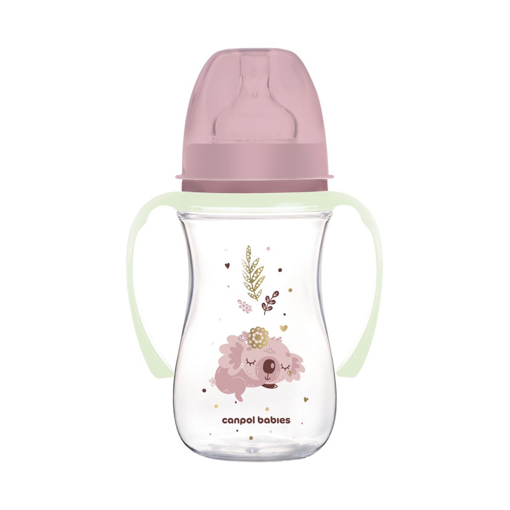 CANPOL BABIES Fľaša antikoliková so svietiacimi úchytmi EasyStart Sleepy koala 240ml ružová