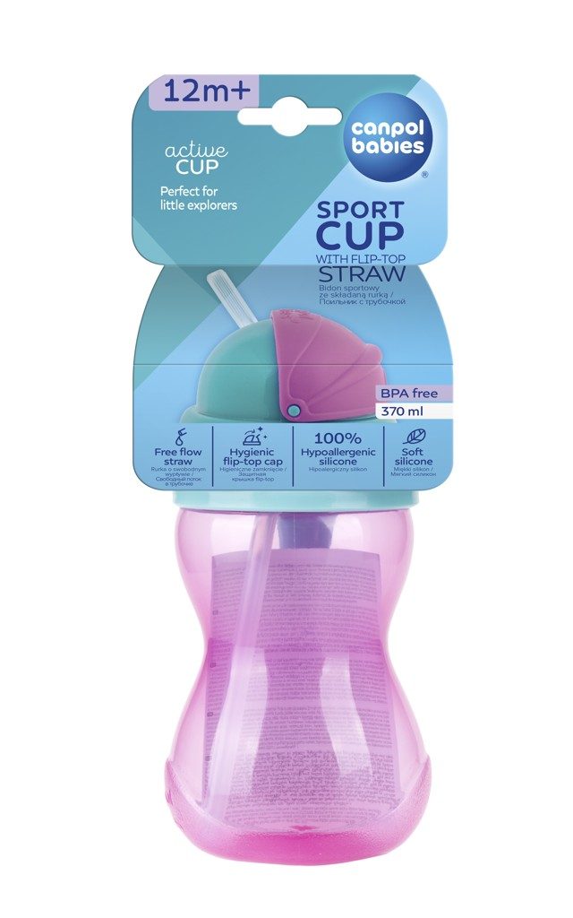 CANPOL BABIES Fľaša športová so slamkou 370ml - ružová – Obrázok 3