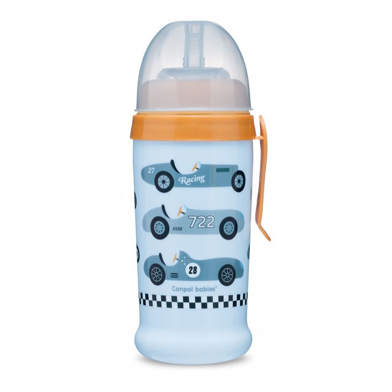 CANPOL BABIES Fľaša športová s netečúcou slamkou autá 300ml 12m+ svetlomodrá
