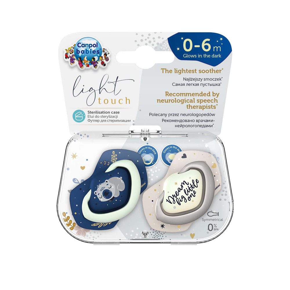 CANPOL BABIES Set symetrických silikónových cumlíkov Light touch 0-6m Sleepy koala modrý – Obrázok 3