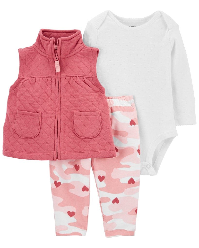 CARTER'S Set 3dielny vesta, legíny, body dl. rukáv Pink Hearts dievča NB/ veľ. 56