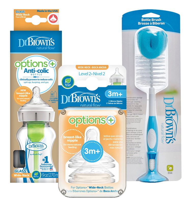 DR.BROWN’S Fľaša dojčenská sklo 270ml +Cumlíky náhradné na fľašu level-2 2ks +Kefa na fľaše modrá – Obrázok 2