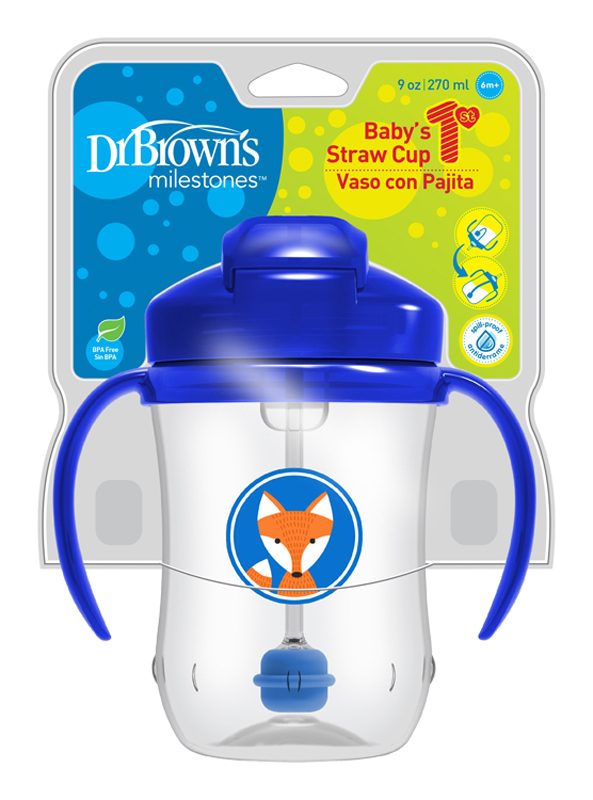 DR.BROWN'S Hrnček so slamkou 270 ml s držadlami 6 M+ modrý – Obrázok 3