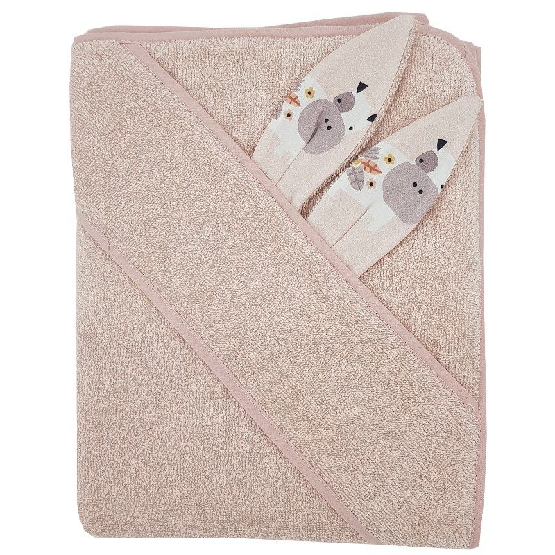 EKO Osuška na kúpanie s uškami bavlnená My Farm Powder pink 100x100 cm – Obrázok 3