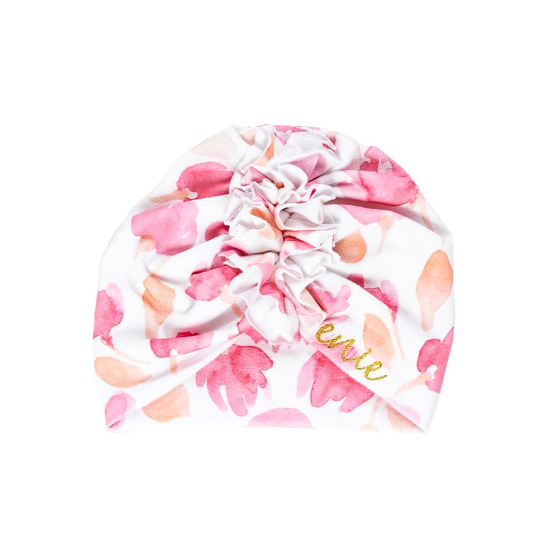 ENIE BABY Čiapka detská turban Pink Leaves dievča 3-6m – Obrázok 2
