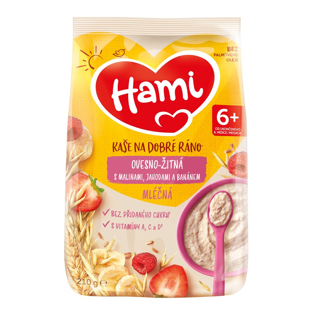HAMI Kaša mliečna ovseno-žitná s banánom, jahodami a malinami 210 g – Obrázok 2