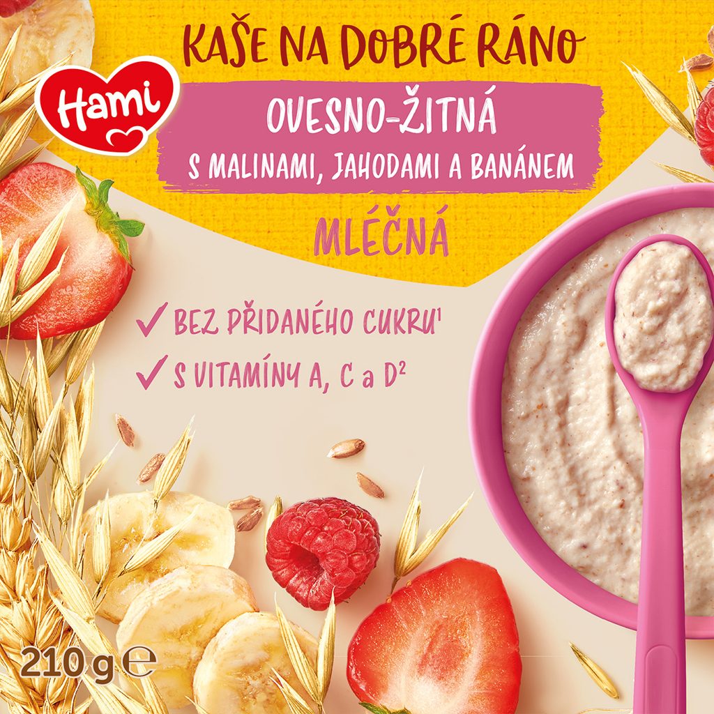 HAMI Kaša mliečna ovseno-žitná s banánom, jahodami a malinami 210 g – Obrázok 4