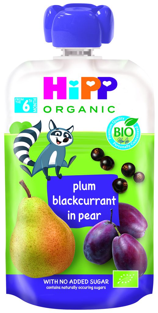 HiPP BIO HiPPiS Hruška, čierne ríbezle, slivka 100 g, 6m+