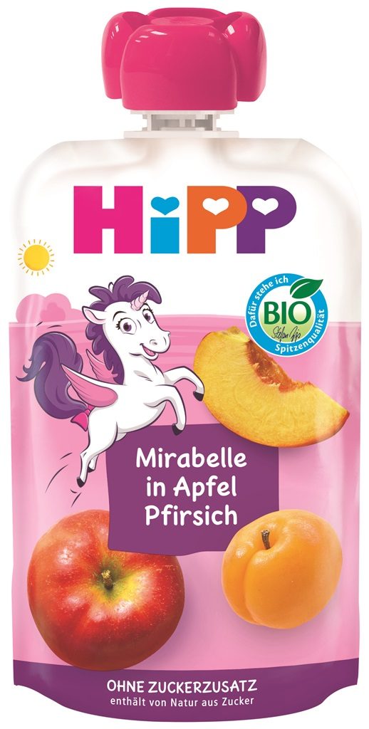 HiPP Kapsička BIOies jablko-broskyňa-mirabelka 12m+ 100g – Obrázok 2