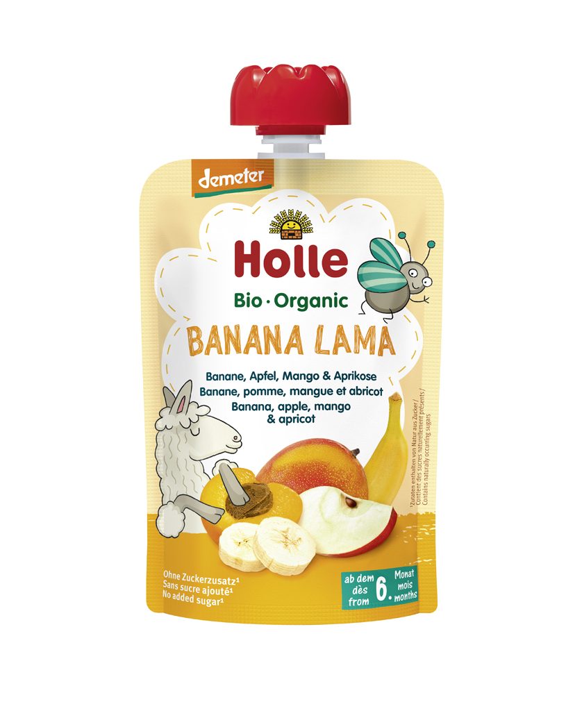 HOLLE Bio-Organic Banana Lama ovocné pyré banán, jablko, mango, marhuľa, 100 g (6m+)