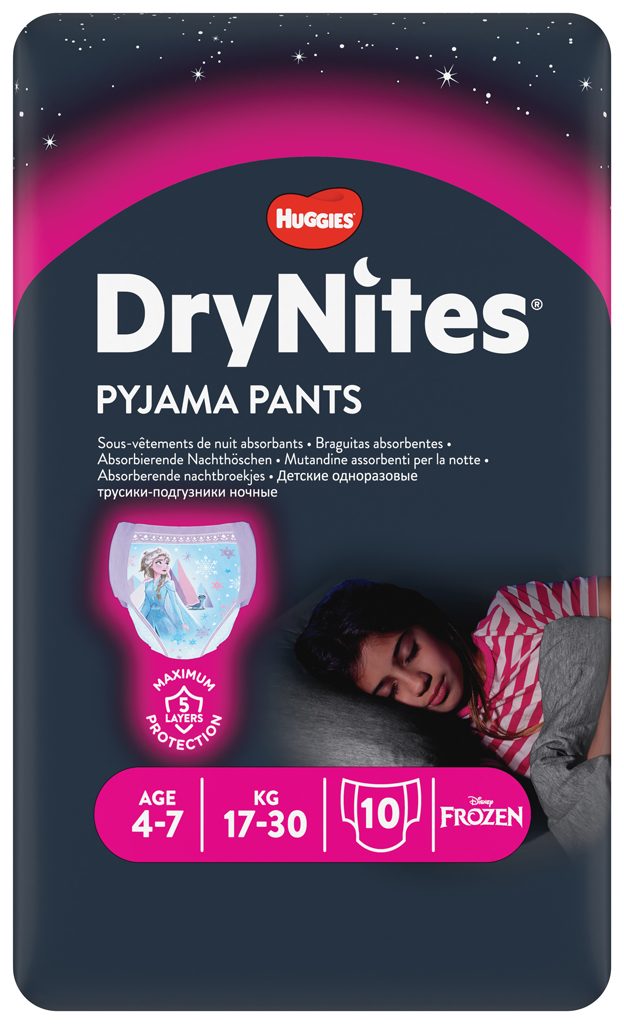 HUGGIES® DryNites Nohavičky plienkové jednorazové pre dievča 4-7 rokov (17-30 kg) 10 ks – Obrázok 2