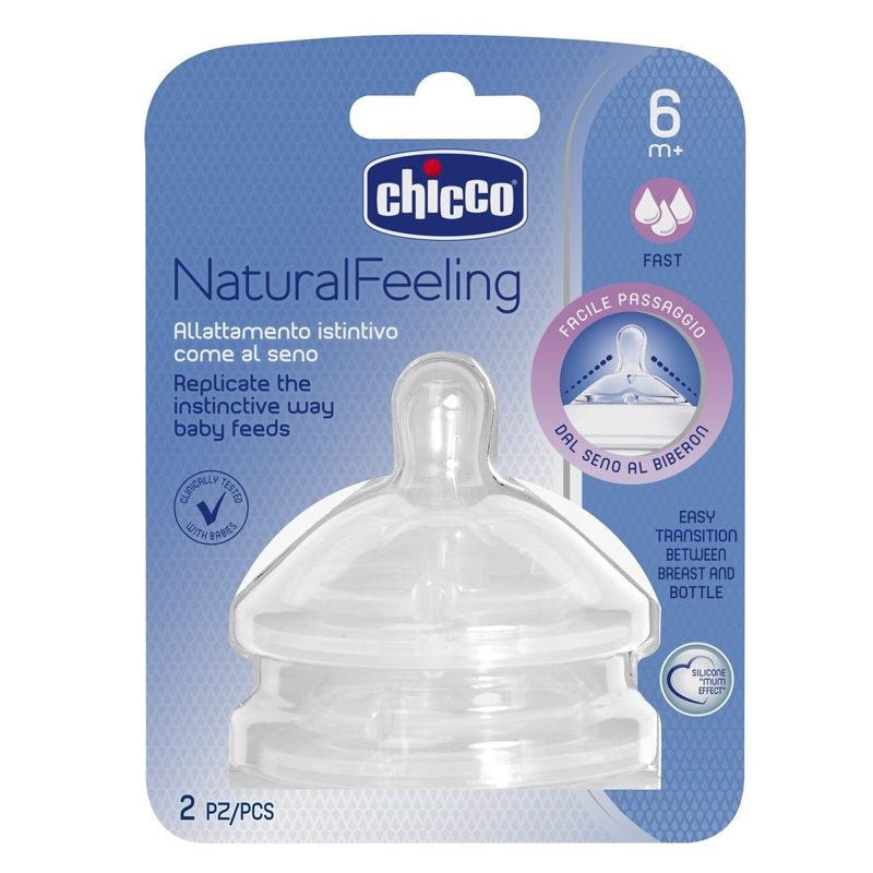 CHICCO Cumlík na fľašu Natural Feeling silikón rýchly prietok 6m+ 2 ks – Obrázok 3
