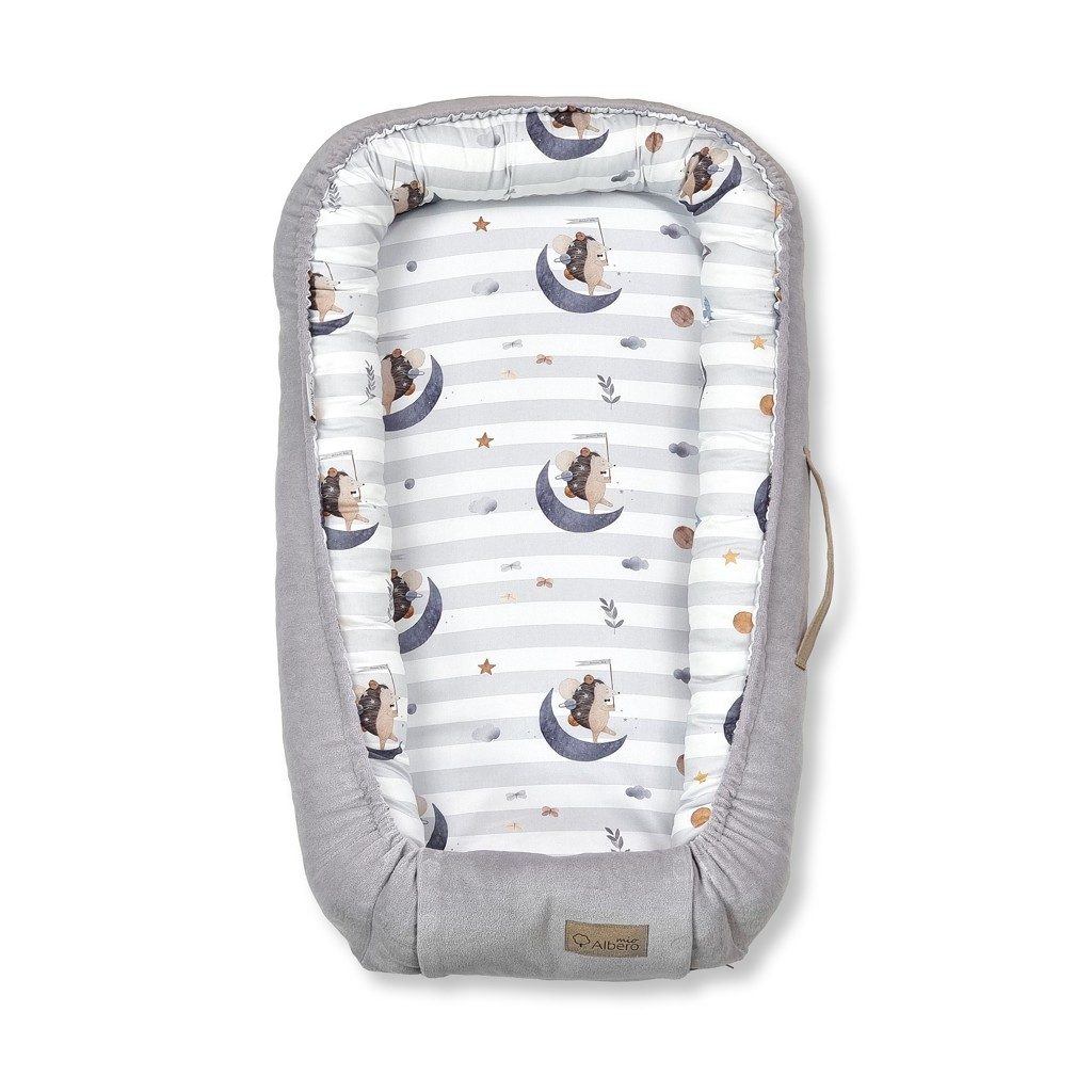 KLUPS Hniezdo pre bábätko Velvet Retro Moon Hedgehog grey 80x45cm – Obrázok 2