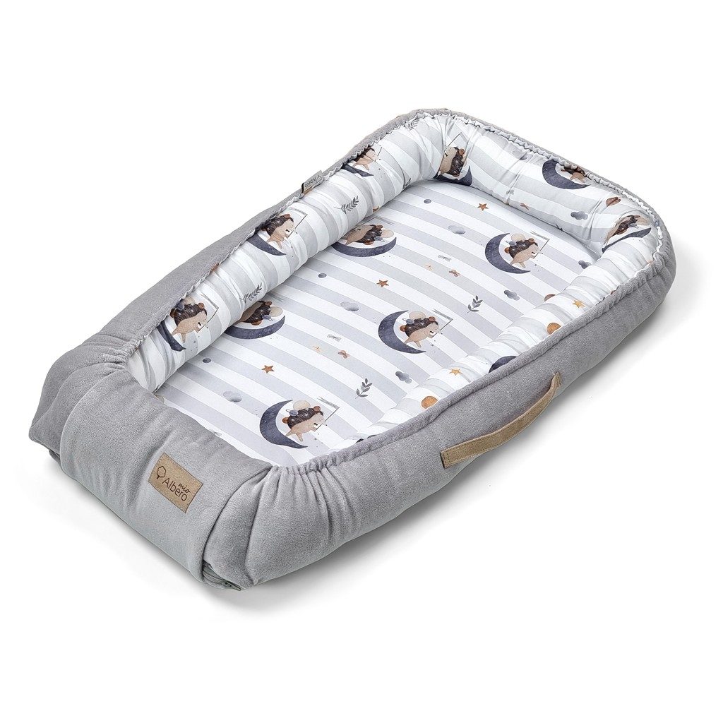 KLUPS Hniezdo pre bábätko Velvet Retro Moon Hedgehog grey 80x45cm – Obrázok 3