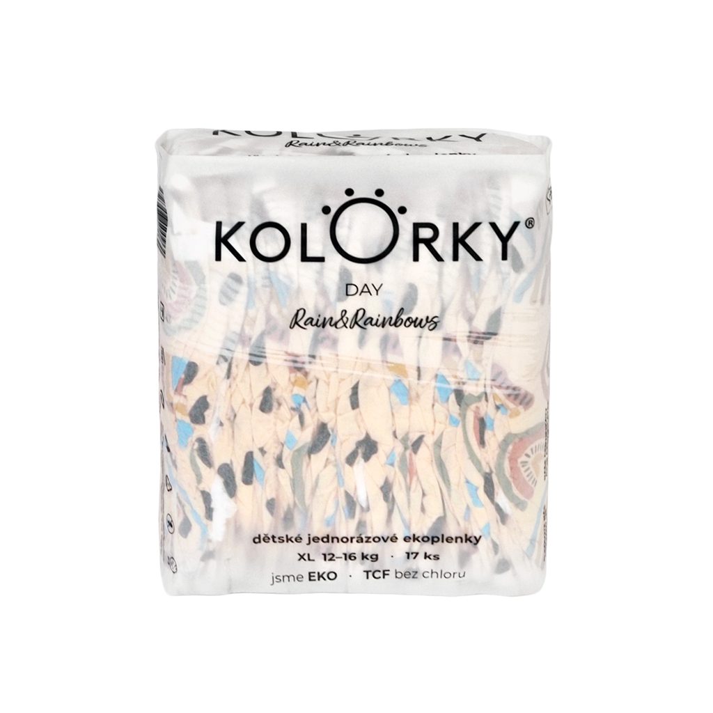 KOLORKY DAY Plienky jednorazové eko, dážď&dúhy XL (12-16 kg) 17 ks – Obrázok 2