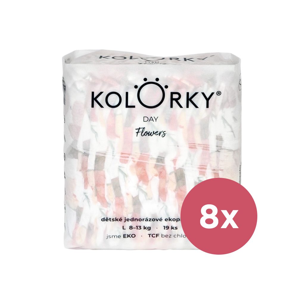 KOLORKY DAY Plienky jednorazové eko, kvety L (8-13 kg) 152 ks - MESAČNÁ ZÁSOBA – Obrázok 2