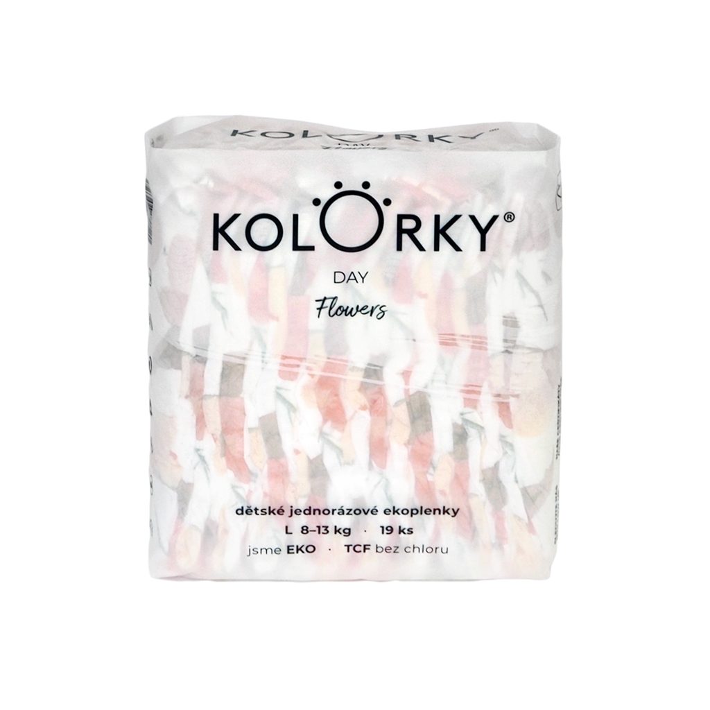KOLORKY DAY Plienky jednorazové eko, kvety L (8-13 kg) 152 ks - MESAČNÁ ZÁSOBA – Obrázok 3
