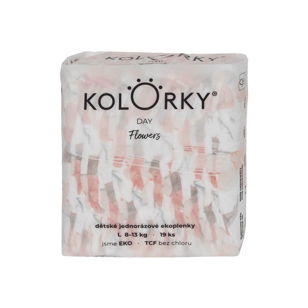 KOLORKY DAY Plienky jednorazové eko, kvety L (8-13 kg) 19 ks – Obrázok 3