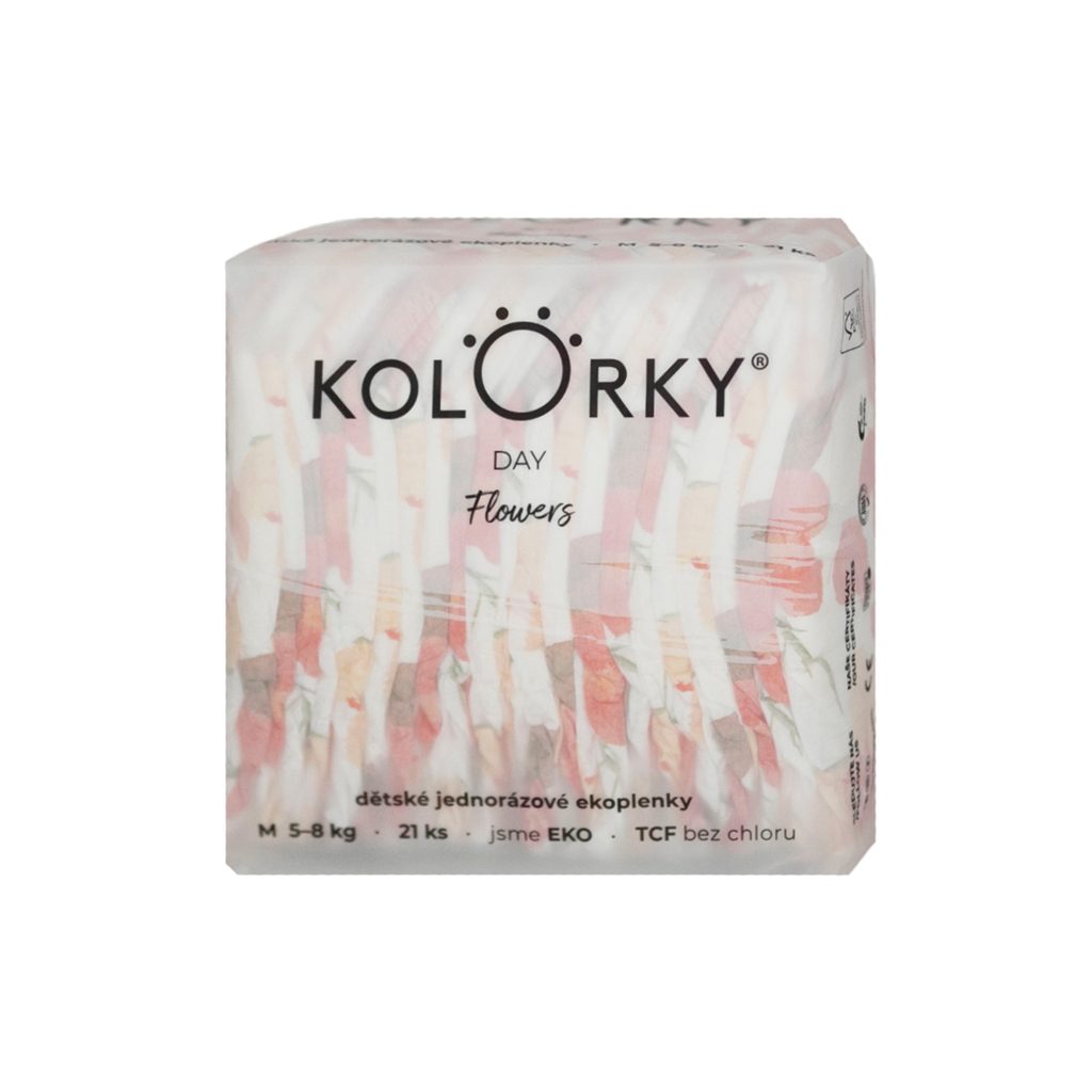 KOLORKY DAY Plienky jednorazové eko, kvety M (5-8 kg) 21 ks – Obrázok 3