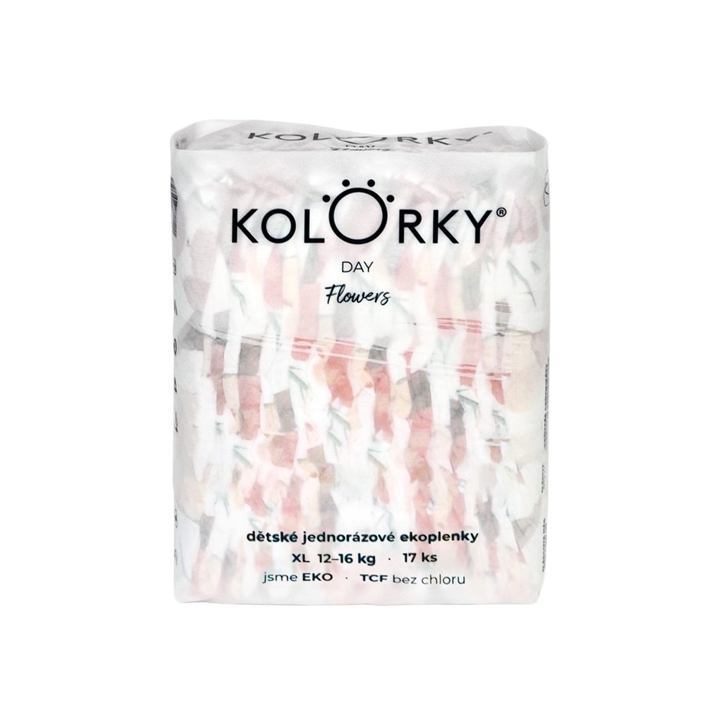 KOLORKY DAY Plienky jednorazové eko, kvety XL (12-16 kg) 136 ks - MESAČNÁ ZÁSOBA – Obrázok 3