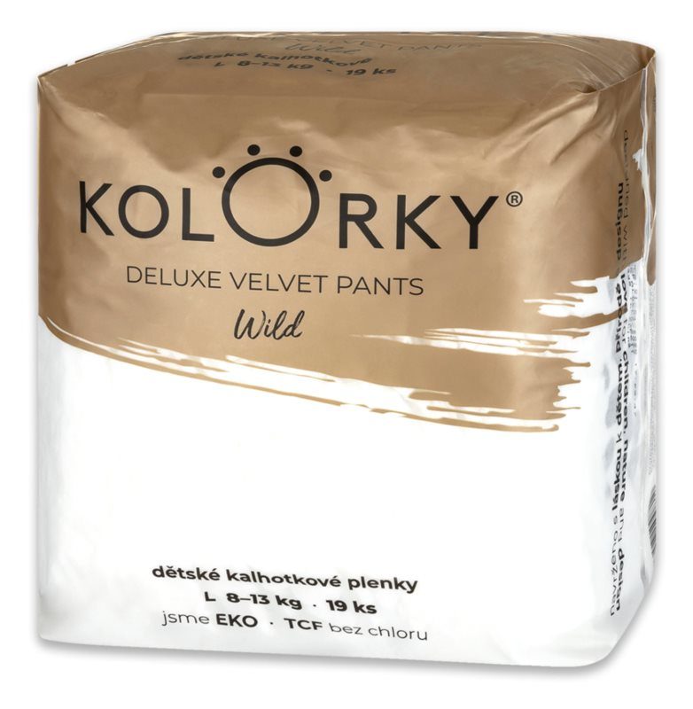 KOLORKY DELUXE VELVET PANTS Wild Nohavičky plienkové jednorázove eko L (8-13 kg) 19 ks – Obrázok 2