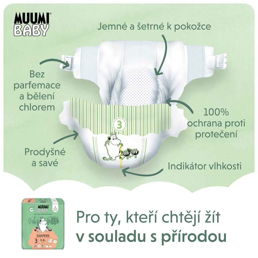 MUUMI Baby 3 Midi 5-8 kg (50 ks), eko plienky – Obrázok 4