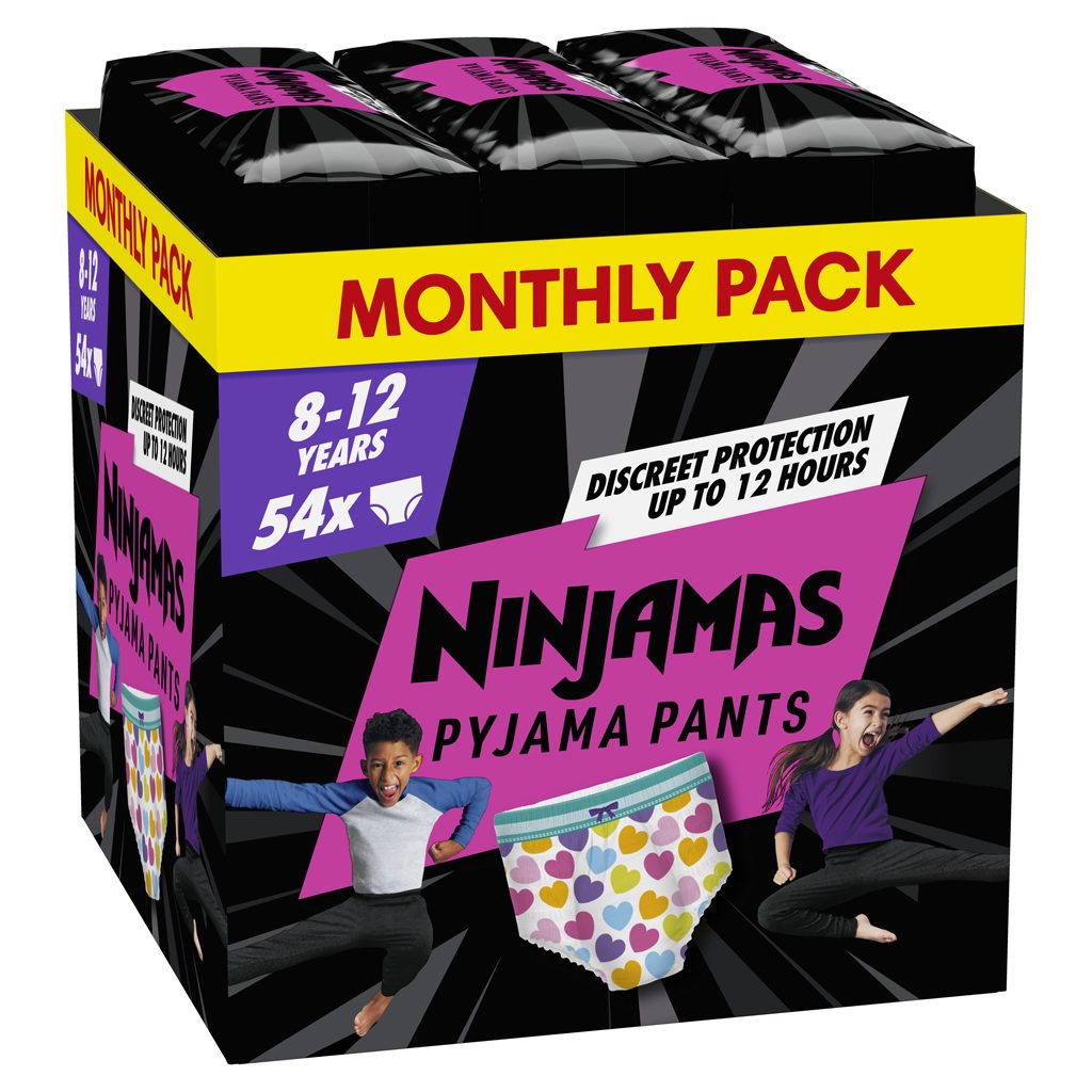 NINJAMAS Nohavičky plienkové Pyjama Pants Srdiečka, 54 ks, 8 rokov, 27kg-43kg – Obrázok 2