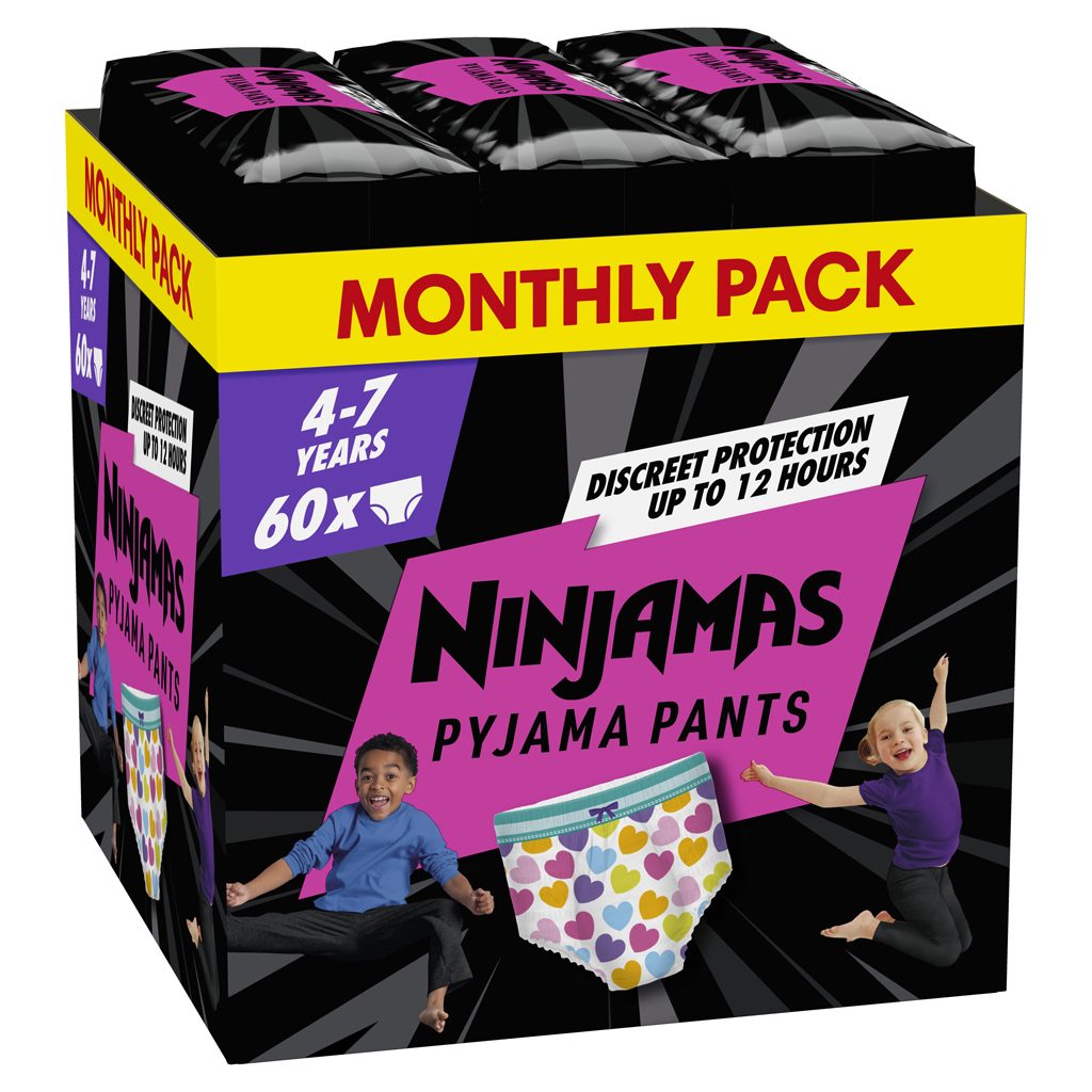 NINJAMAS Nohavičky plienkové Pyjama Pants Srdiečka, 60 ks, 7 rokov, 17kg-30kg – Obrázok 2