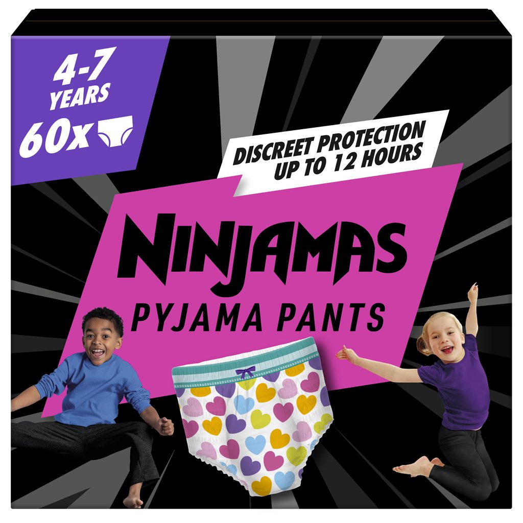 NINJAMAS Nohavičky plienkové Pyjama Pants Srdiečka, 60 ks, 7 rokov, 17kg-30kg – Obrázok 3