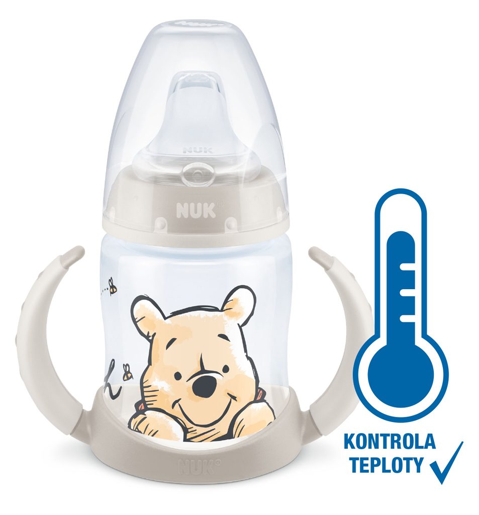 NUK Fľaša dojčenská na učenie s kontrolou teploty Macko Pú 150 ml béžová – Obrázok 2