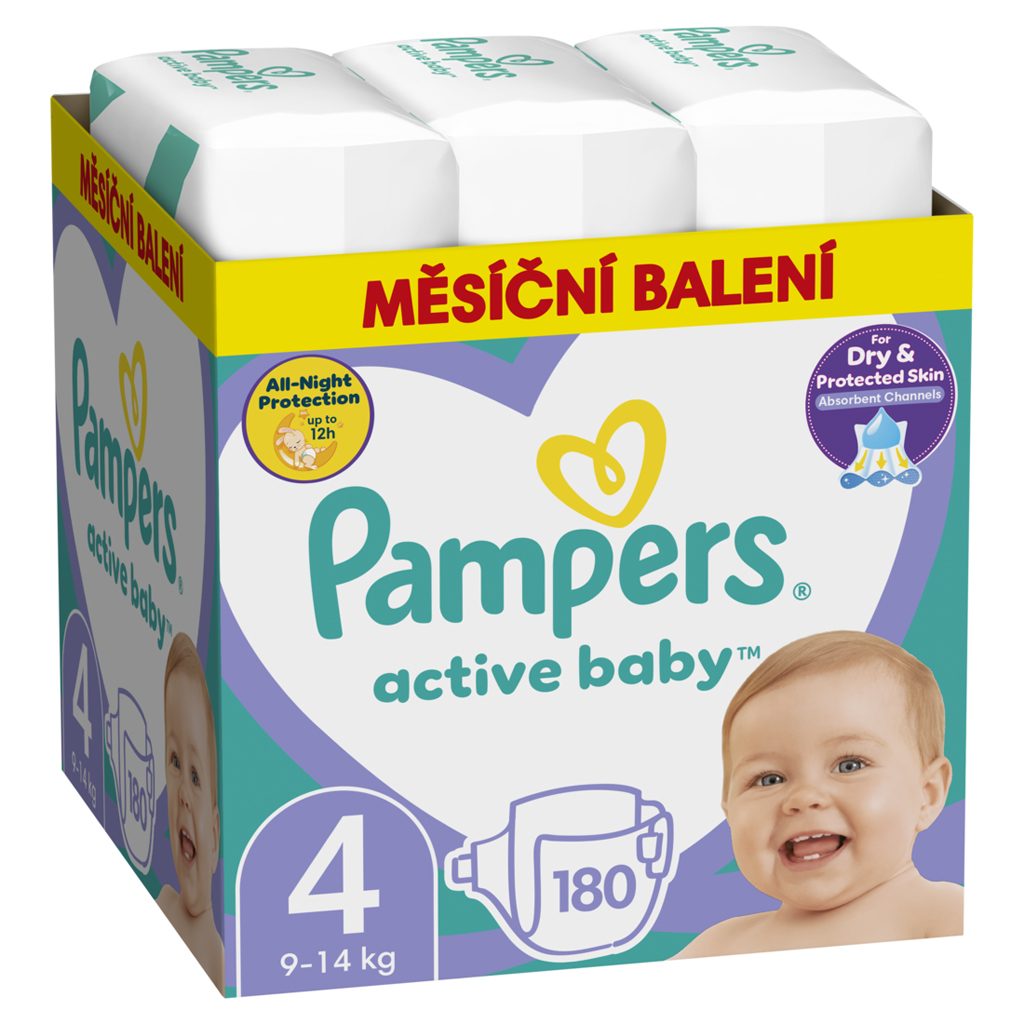 PAMPERS Active Baby Plienky jednorazové 4 (9-14 kg) 180 ks - MESAČNÁ ZÁSOBA