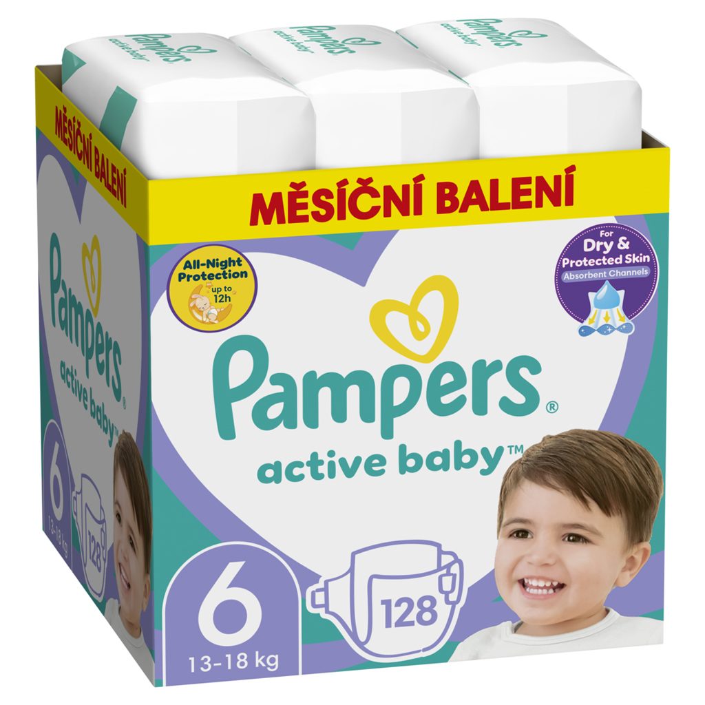 PAMPERS Active Baby Plienky jednorazové 6 (13-18 kg) 128 ks - MESAČNÁ ZÁSOBA