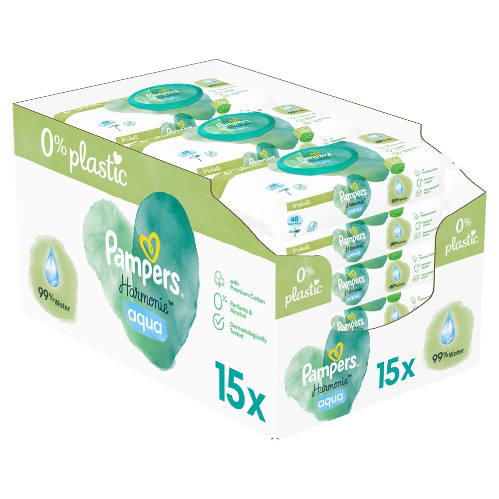 PAMPERS Harmonie Aqua vlhčené obrúsky Plastic Free 15x48 ks = 720 ks – Obrázok 2