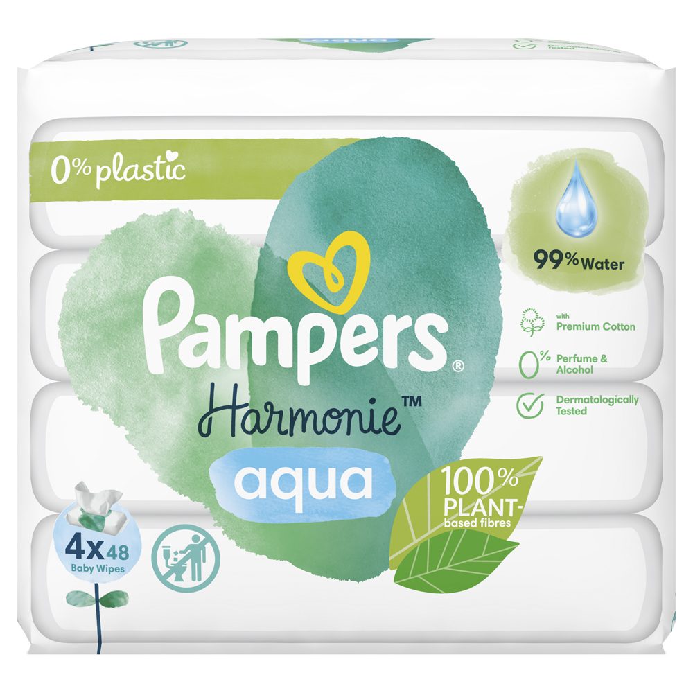 PAMPERS Harmonie Aqua vlhčené obrúsky Plastic Free 4x48 ks = 192 ks – Obrázok 2