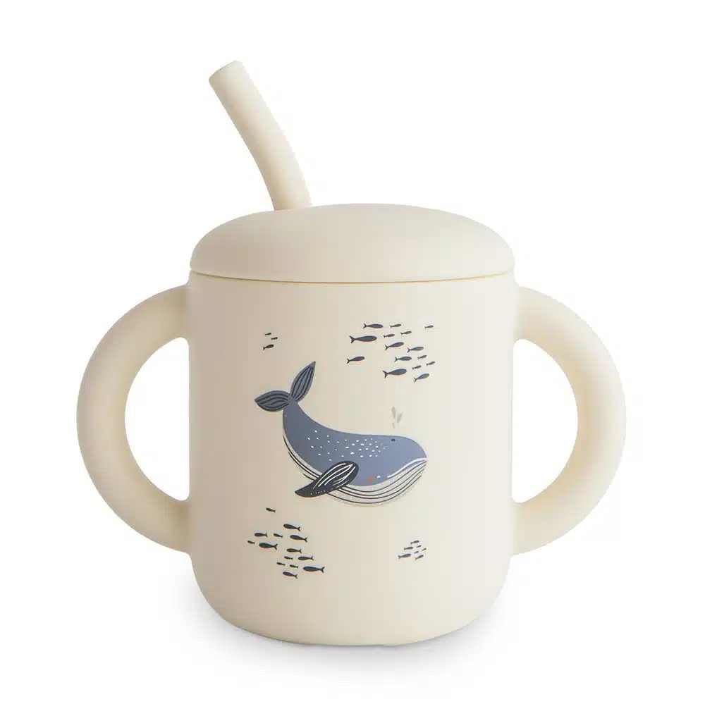 SILIKÓNOVÝ POHÁRIK SO SLAMKOU MUSHIE - WHALES