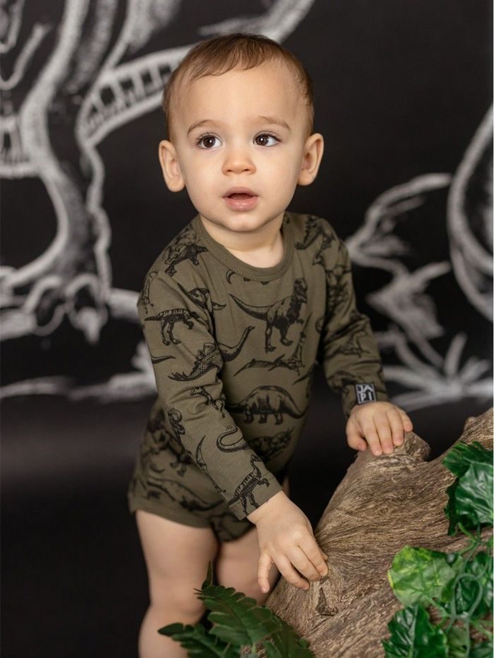 Detské body DINO s dlhým rukávom - 074 - Dino zelená potlač