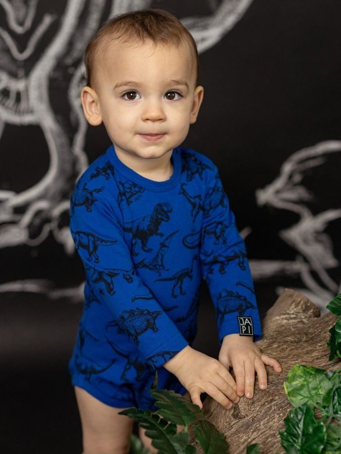 Detské body DINO s dlhým rukávom - 080 - Dino modrá potlač