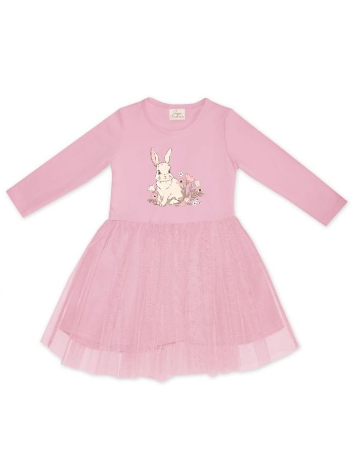 Dievčenské šaty tyl SWEET BUNNY s dlhým rukávom - 092 - Púdrová ružová