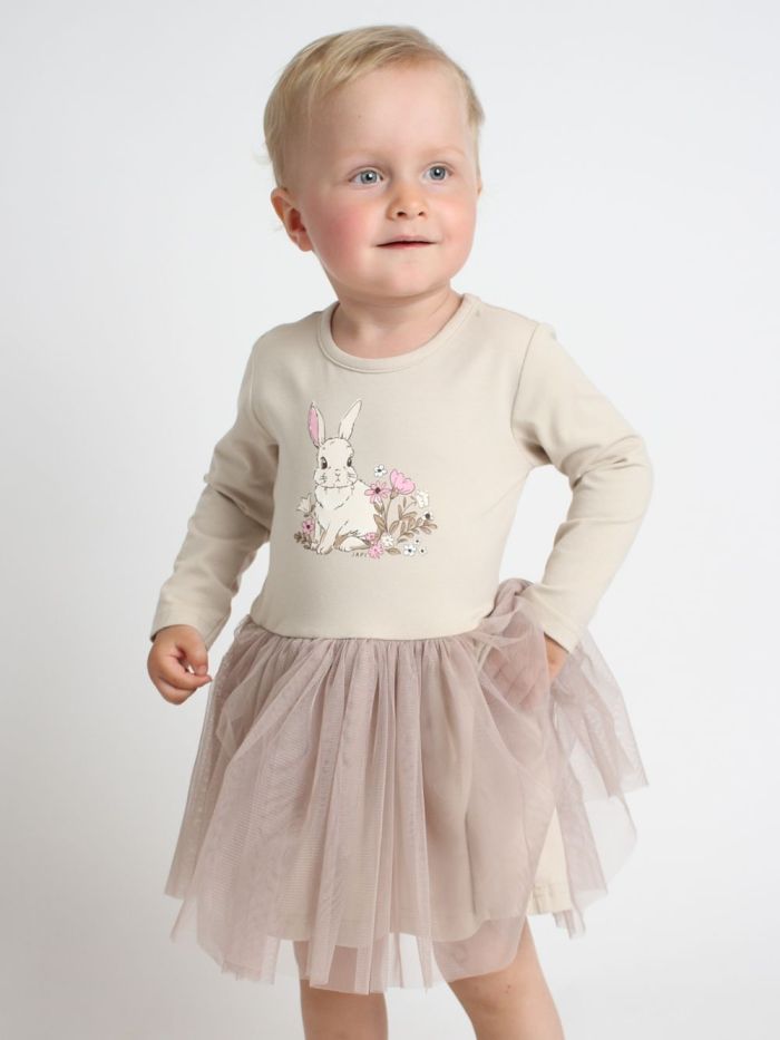 Dievčenské šaty tyl SWEET BUNNY s dlhým rukávom - 104 - Béžová