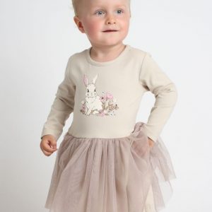 Dievčenské šaty tyl SWEET BUNNY s dlhým rukávom - 128 - Béžová