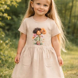 Dievčenské šaty GIRL FLORAL s krátkym rukávom - 116 - Béžová