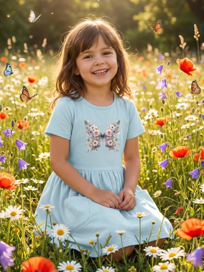 Dievčenské šaty BUTTERFLY s krátkym rukávom - 140 - Modrá 14