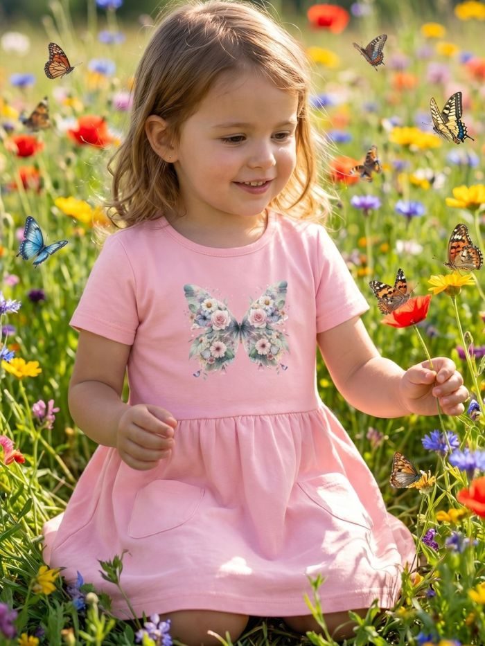 Dievčenské šaty BUTTERFLY s krátkym rukávom - 146 - Ružová