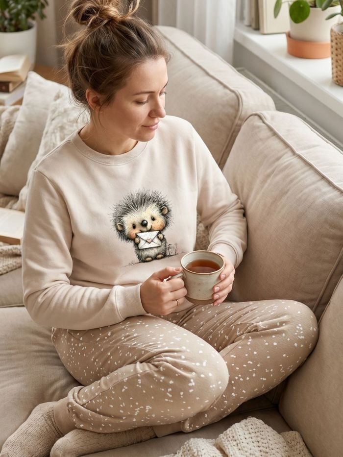 Dámske pyžamo LOVELY HEDGEHOG s dlhým rukávom - 170 - Béžová
