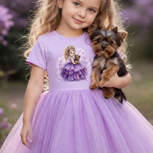 Dievčenské šaty tyl AMETHYST GIRL s krátkym rukávom - 098 - Svetlo fialová