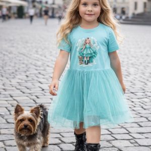 Dievčenské šaty tyl GIRL IN TURQUOISE s krátkym rukávom - 092 - Tyrkysová